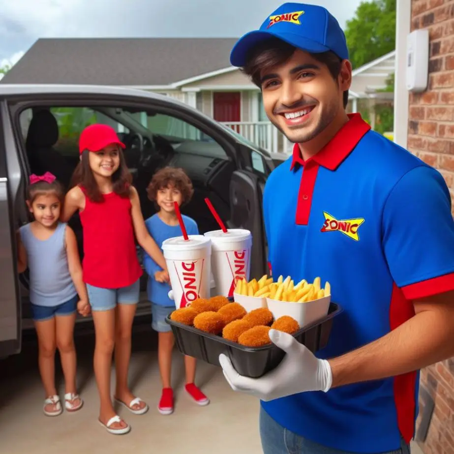 happy kids receiving their sonic food from delivery boy-sonic menu